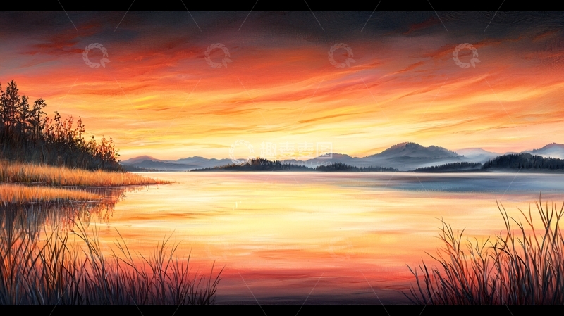 高清大图下载【趣麦麦图】秋日湖畔夕阳美景