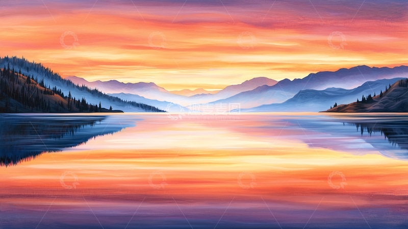 高清大图下载【趣麦麦图】日落湖畔宁静山水