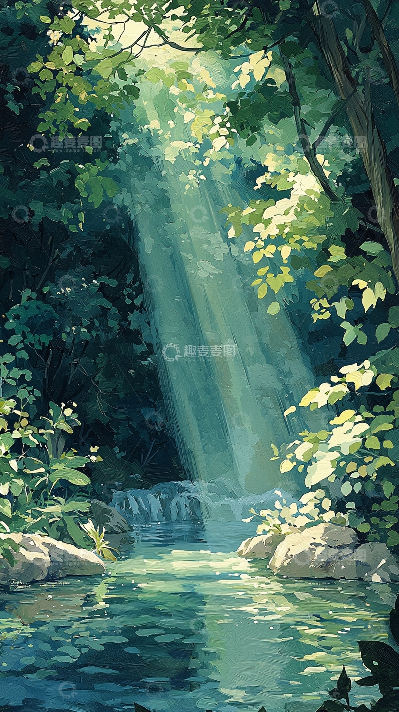 高清大图下载【趣麦麦图】森林中的瀑布与光影