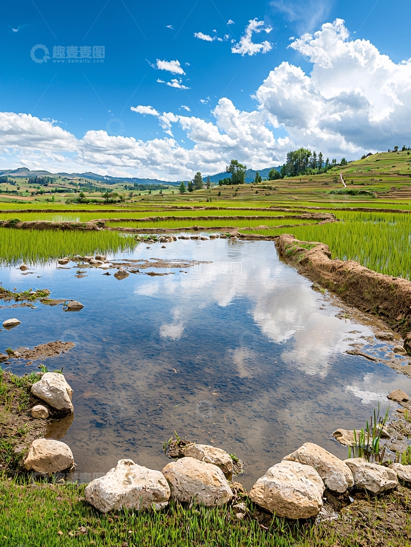 高清大图下载【趣麦麦图】梯田水渠蓝天白云风景
