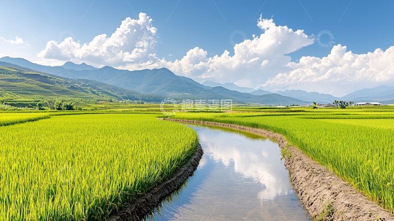 高清大图下载【趣麦麦图】稻田风光与青山蓝天