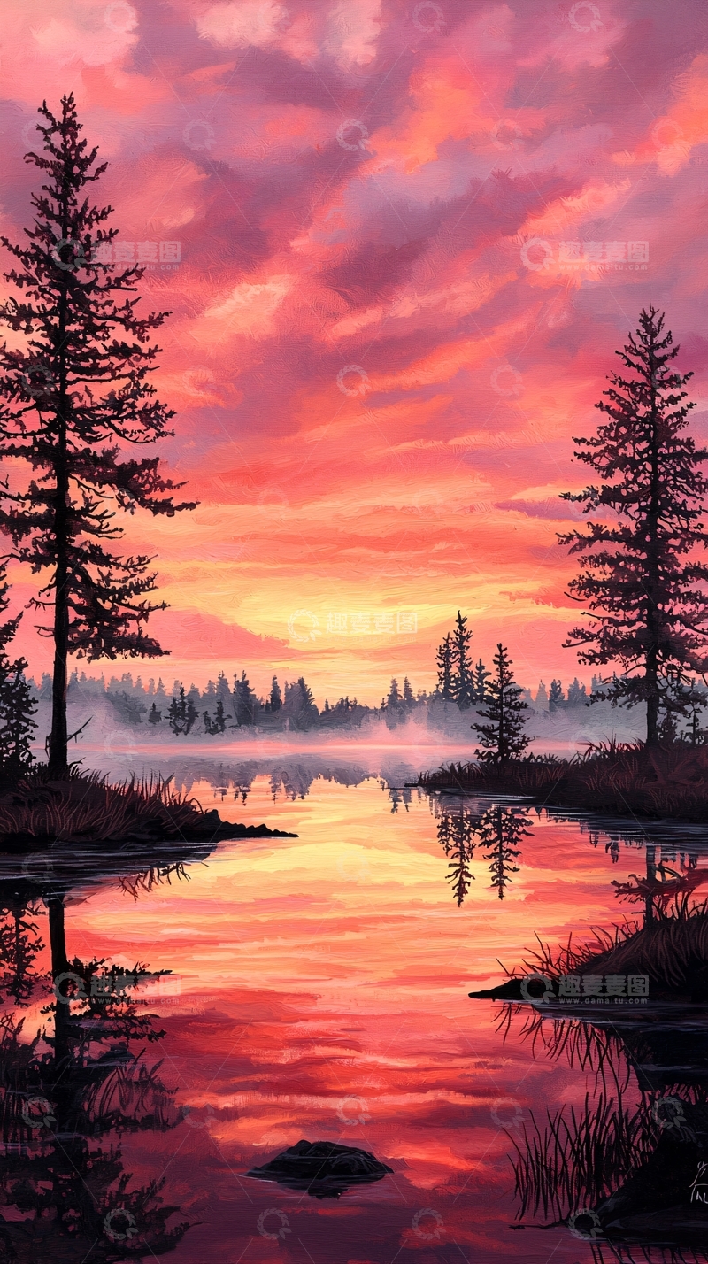 高清大图下载【趣麦麦图】秋日湖畔夕阳美景