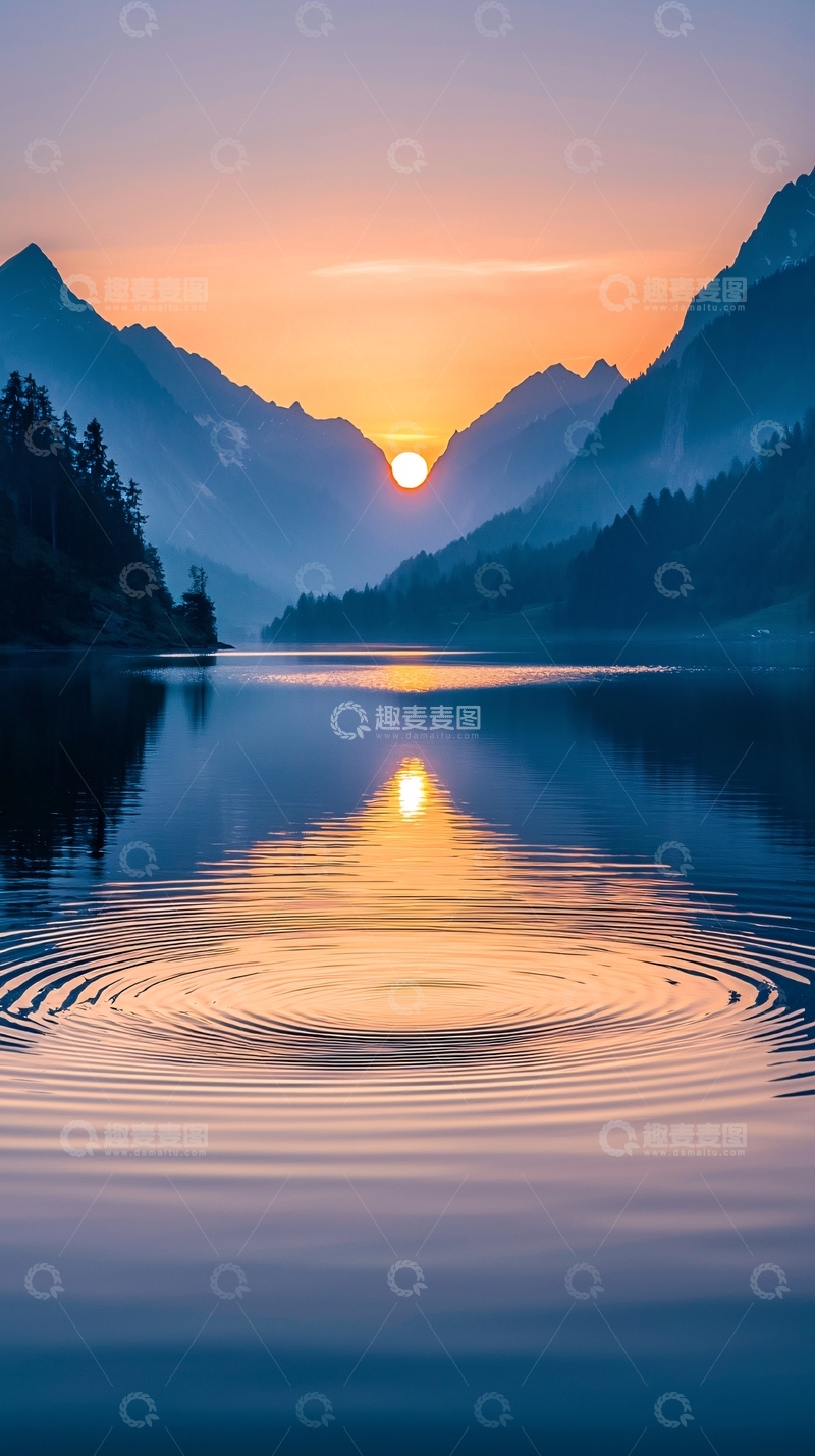 高清大图下载【趣麦麦图】日落山谷湖面涟漪