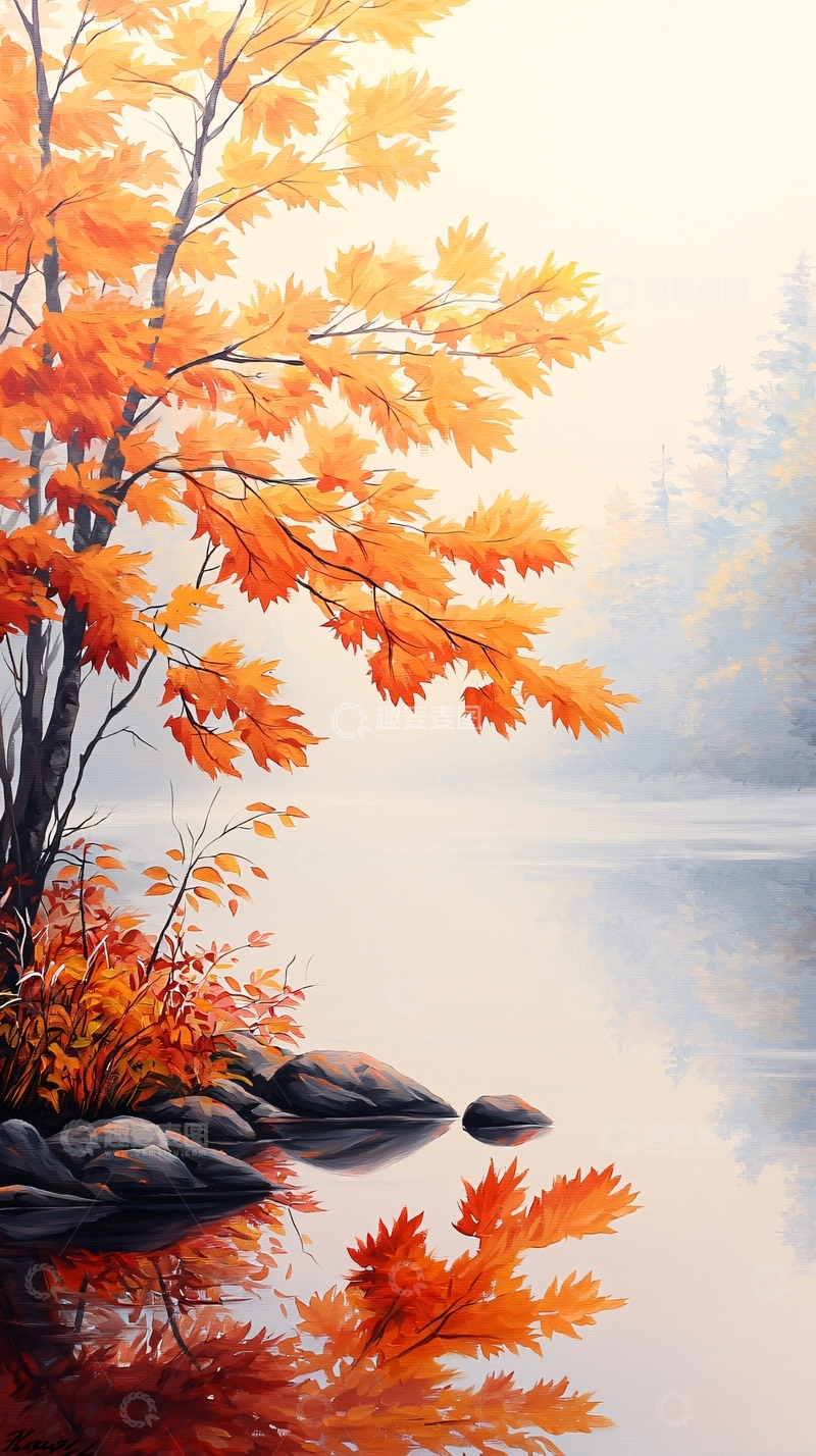 高清大图下载【趣麦麦图】秋日湖畔落叶风景