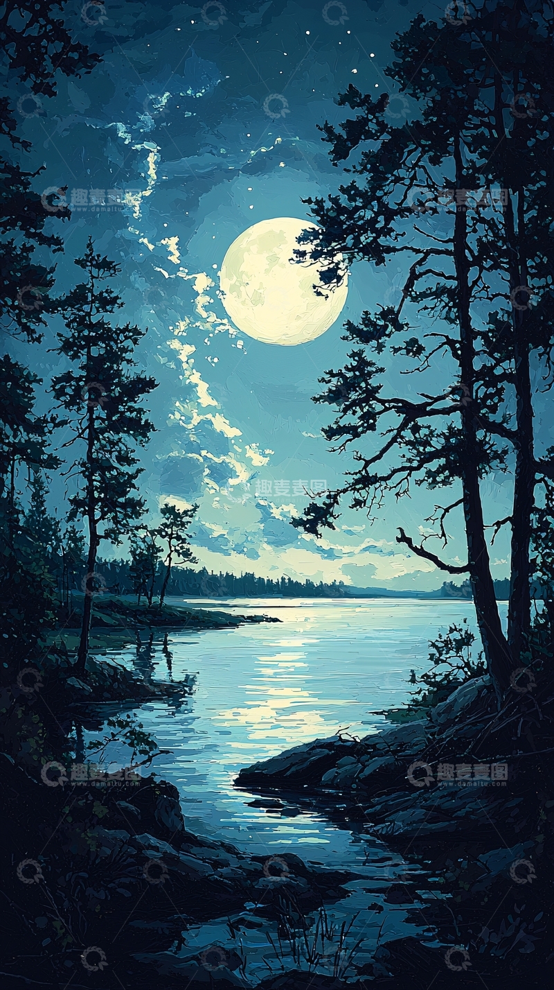 高清大图下载【趣麦麦图】月光下的宁静湖景