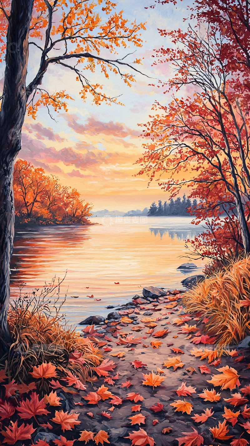 高清大图下载【趣麦麦图】秋日湖畔落叶风景
