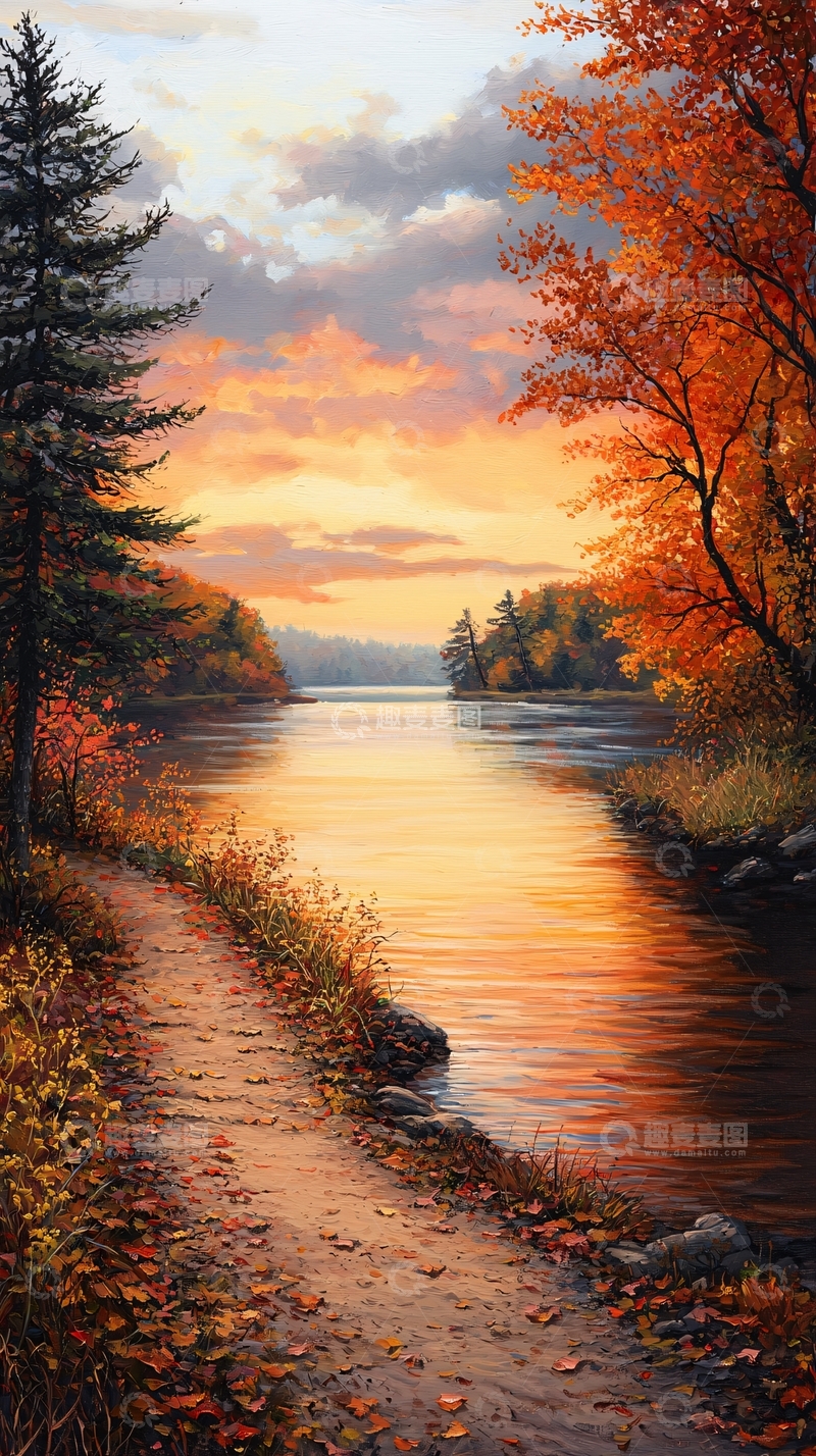 高清大图下载【趣麦麦图】秋日湖畔夕阳美景