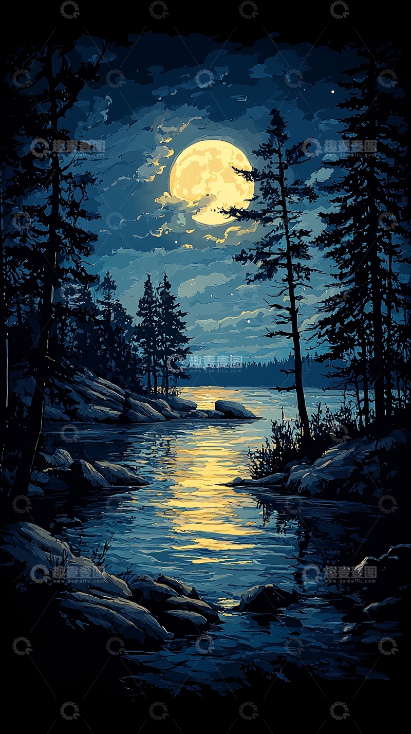 高清大图下载【趣麦麦图】月光下的森林小溪