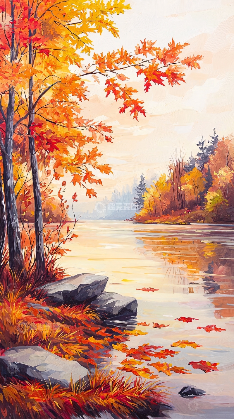 高清大图下载【趣麦麦图】秋日湖畔落叶风景