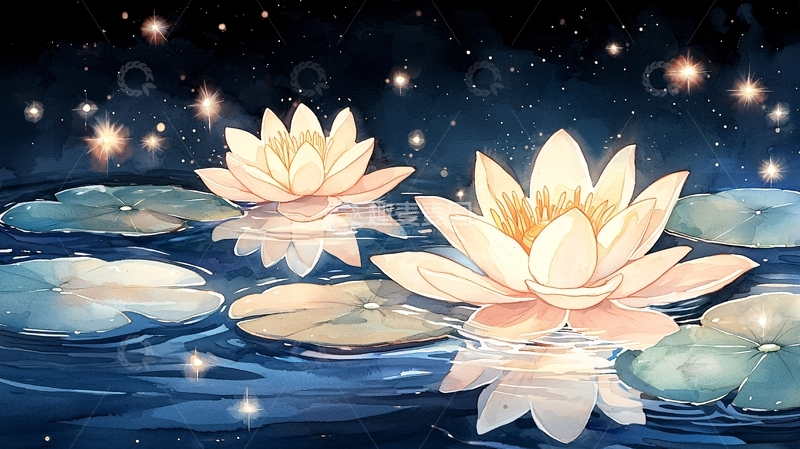 高清大图下载【趣麦麦图】夜色中的莲花与荷叶