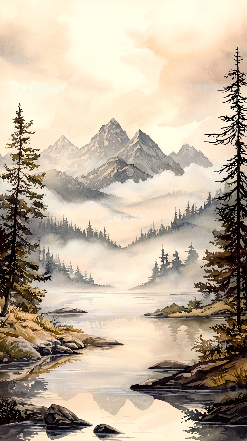 高清大图下载【趣麦麦图】晨雾中的雪山湖泊风景画