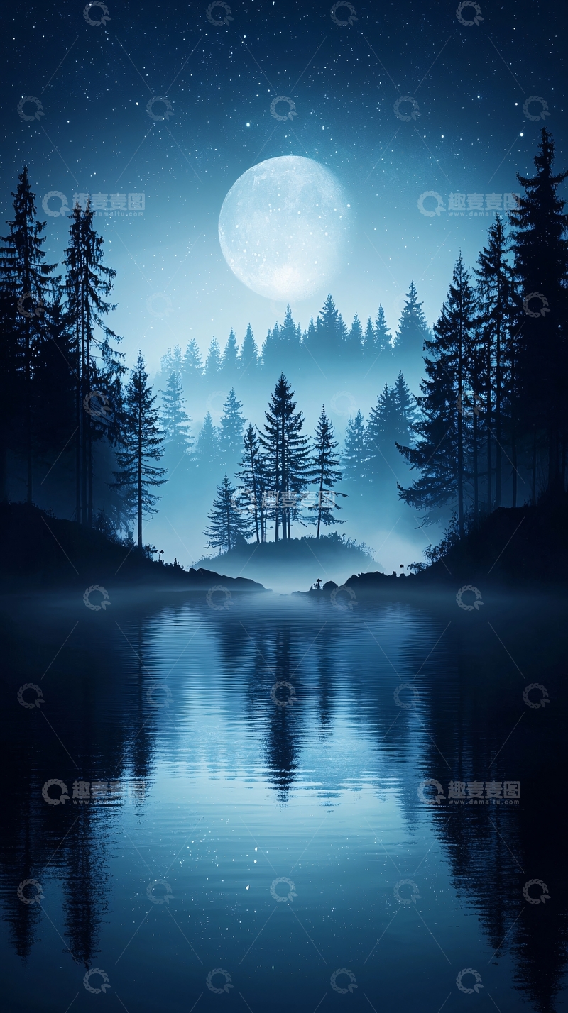 高清大图下载【趣麦麦图】月光下的森林湖泊夜景