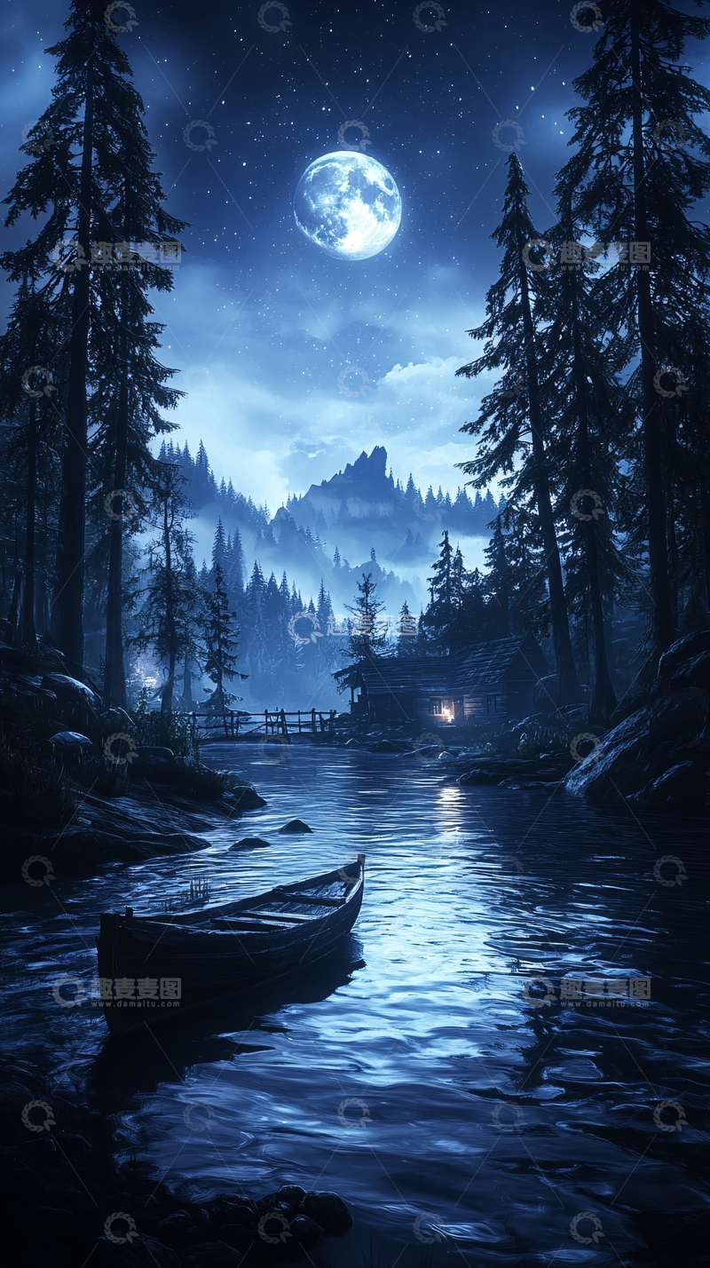 高清大图下载【趣麦麦图】月光下的小屋与独木舟