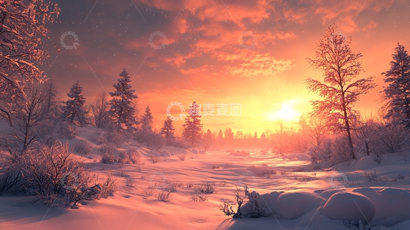 高清大图下载【趣麦麦图】冬日雪景夕阳之美