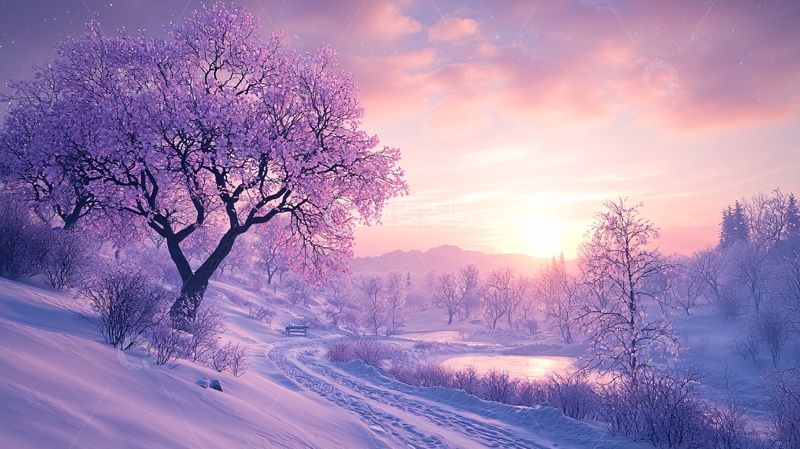 高清大图下载【趣麦麦图】冬日雪景下的樱花树