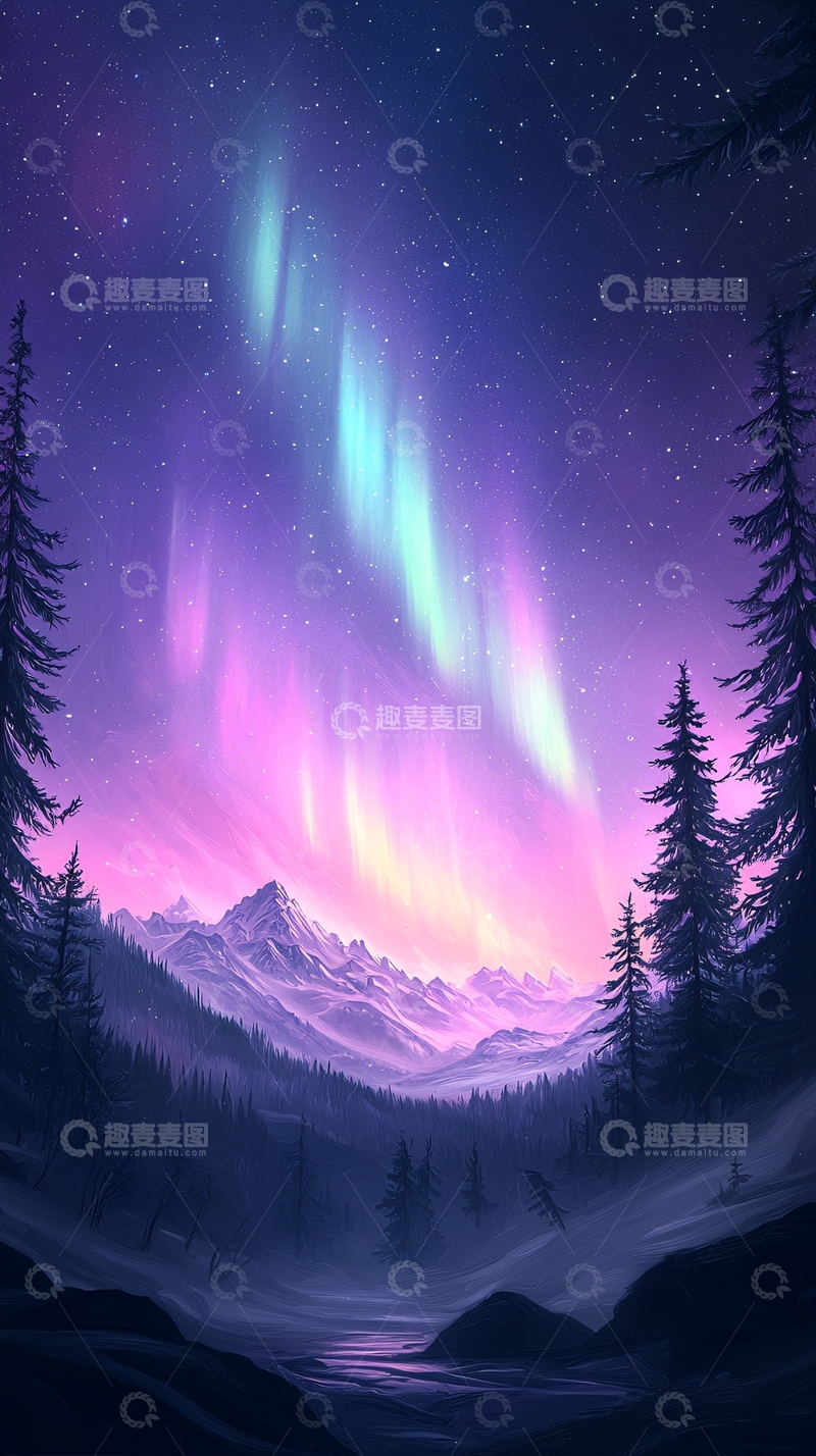高清大图下载【趣麦麦图】极光下的雪山森林夜景