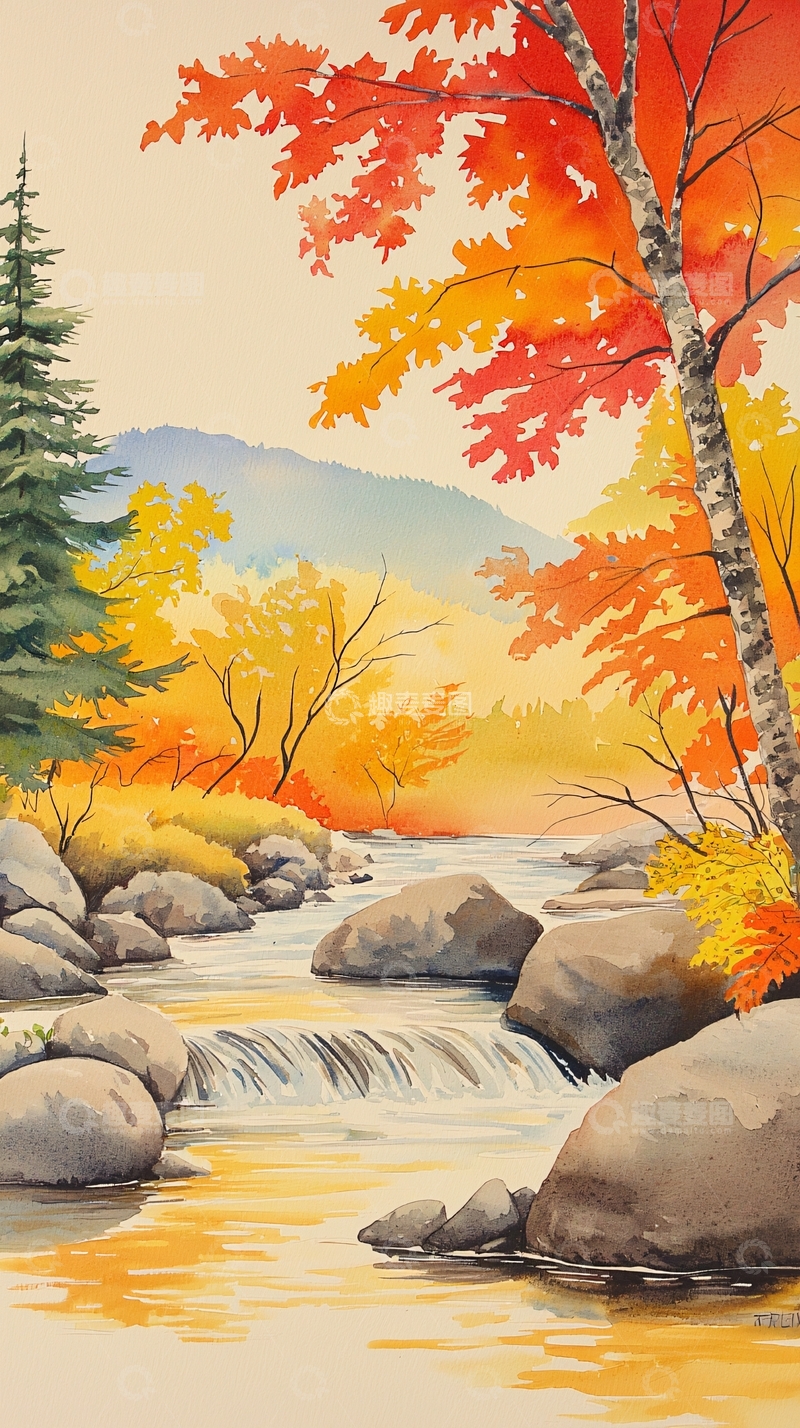 高清大图下载【趣麦麦图】秋日溪流瀑布风景画