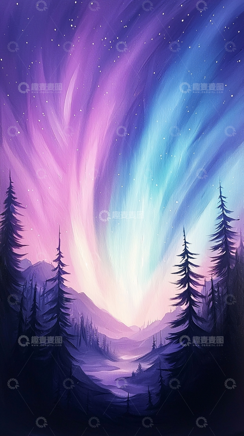 高清大图下载【趣麦麦图】极光下的森林夜景