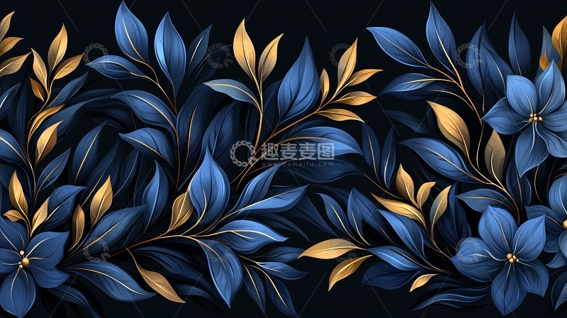 高清大图下载【趣麦麦图】深蓝金色花卉图案背景