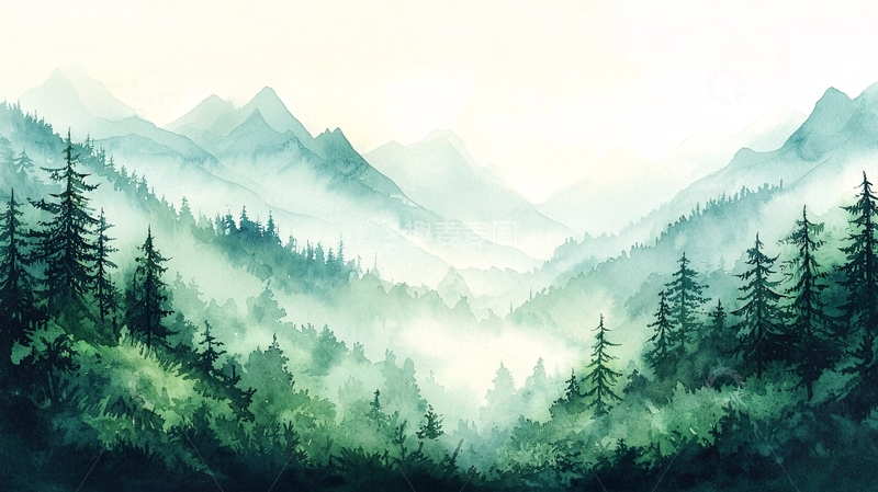 高清大图下载【趣麦麦图】山林雾气水彩画