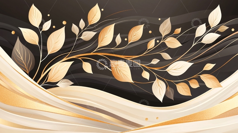 高清大图下载【趣麦麦图】金色叶子与波浪背景插画