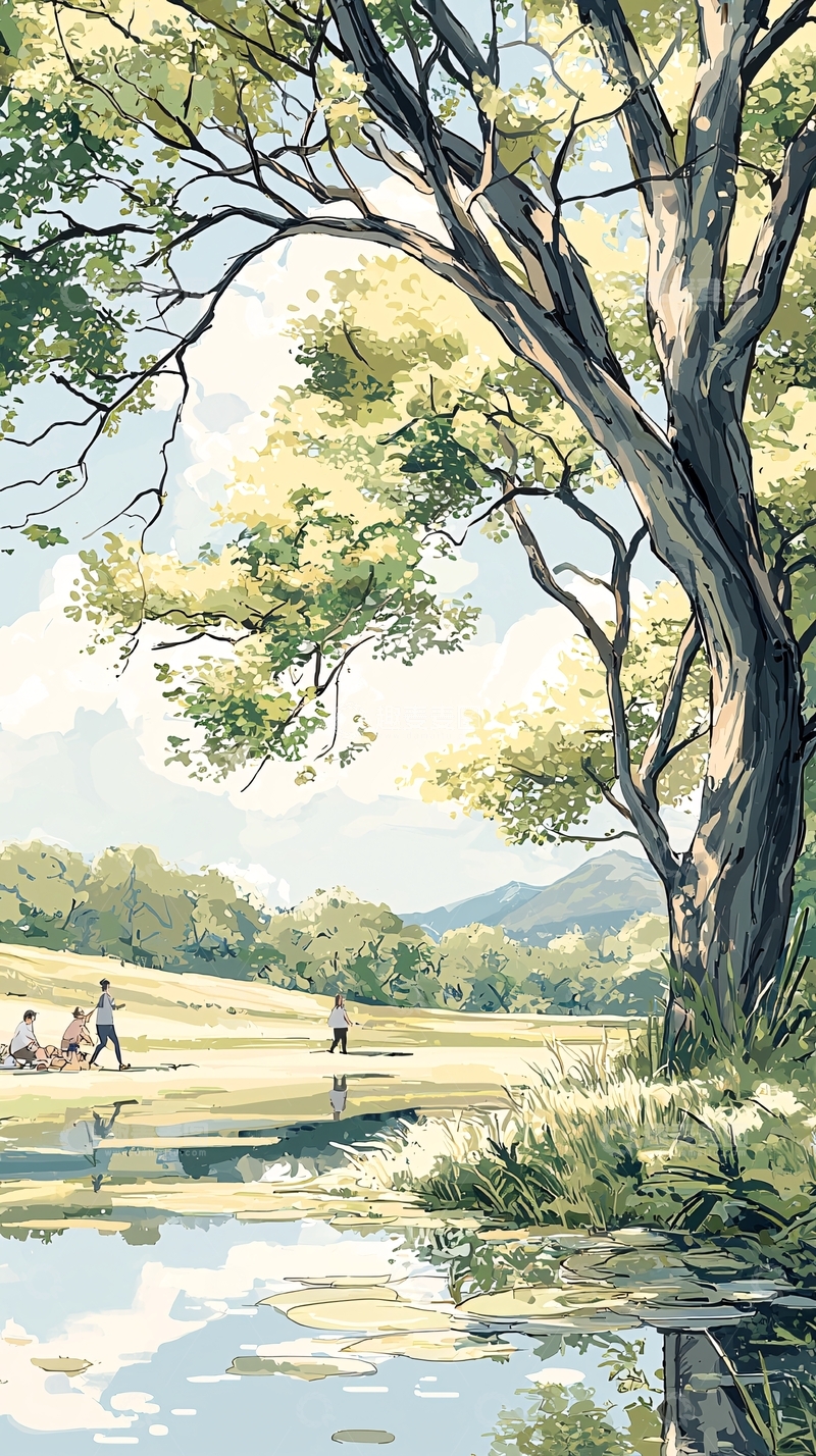 高清大图下载【趣麦麦图】夏日河边散步的风景画