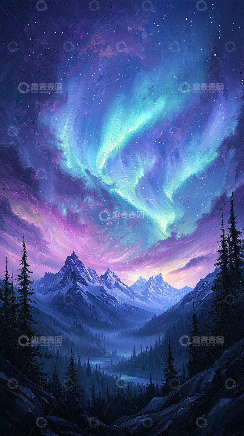 高清大图下载【趣麦麦图】极光下的雪山森林夜景