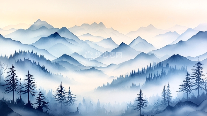 高清大图下载【趣麦麦图】晨雾中的山峦与松林