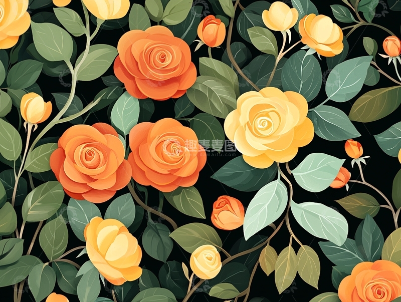高清大图下载【趣麦麦图】橙色玫瑰与绿叶背景图案