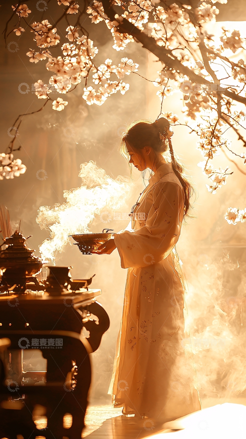 古风女子与樱花下的神秘仪式