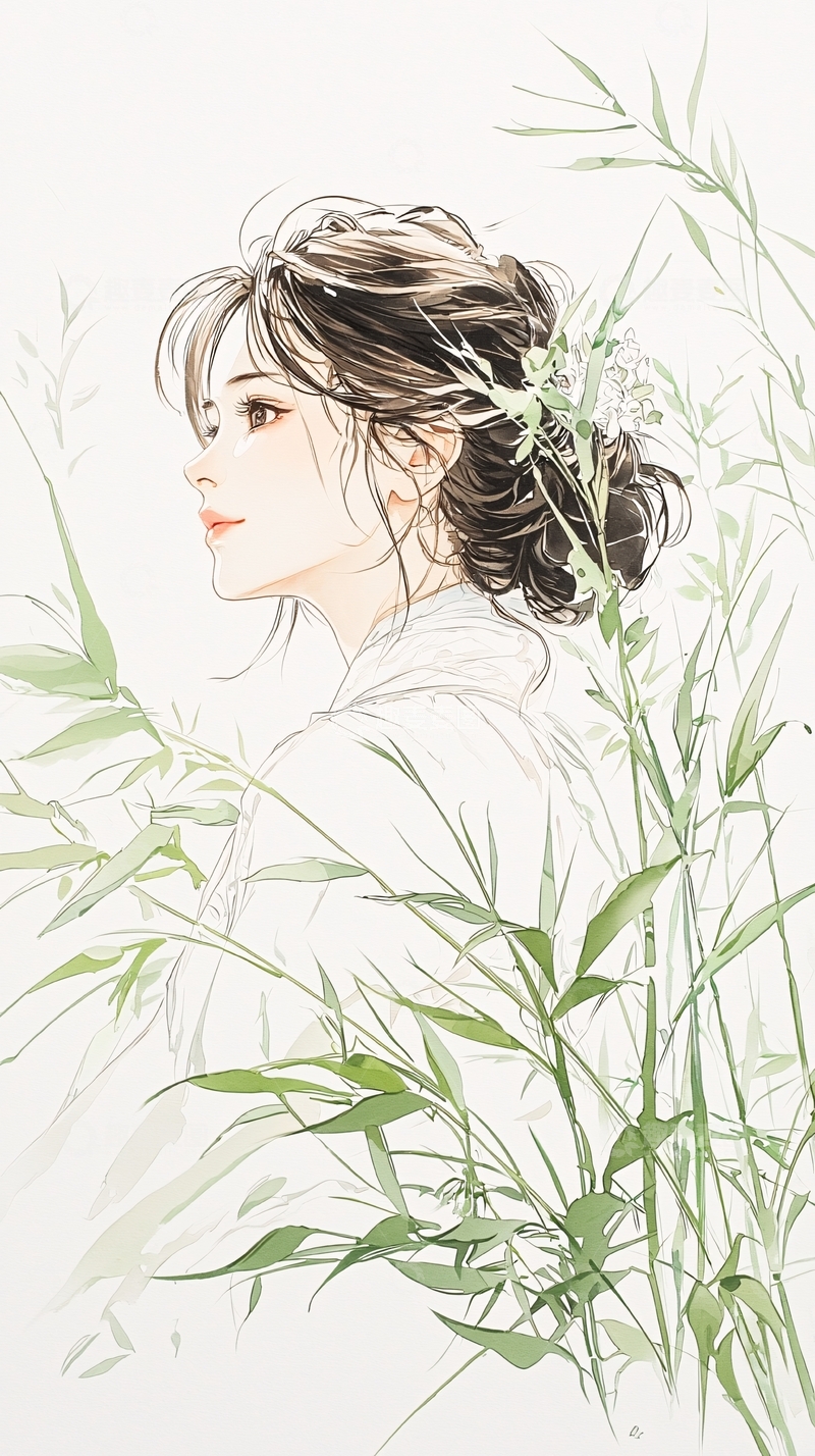 高清大图下载【趣麦麦图】清新少女与竹林
