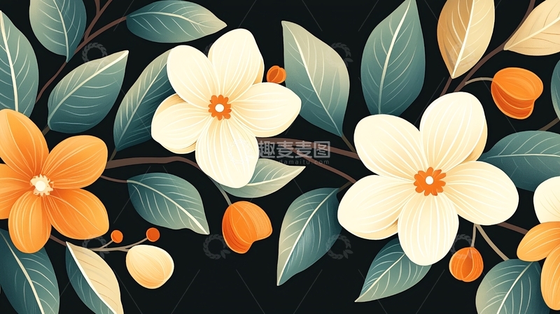 高清大图下载【趣麦麦图】秋日花卉与果实插画素材