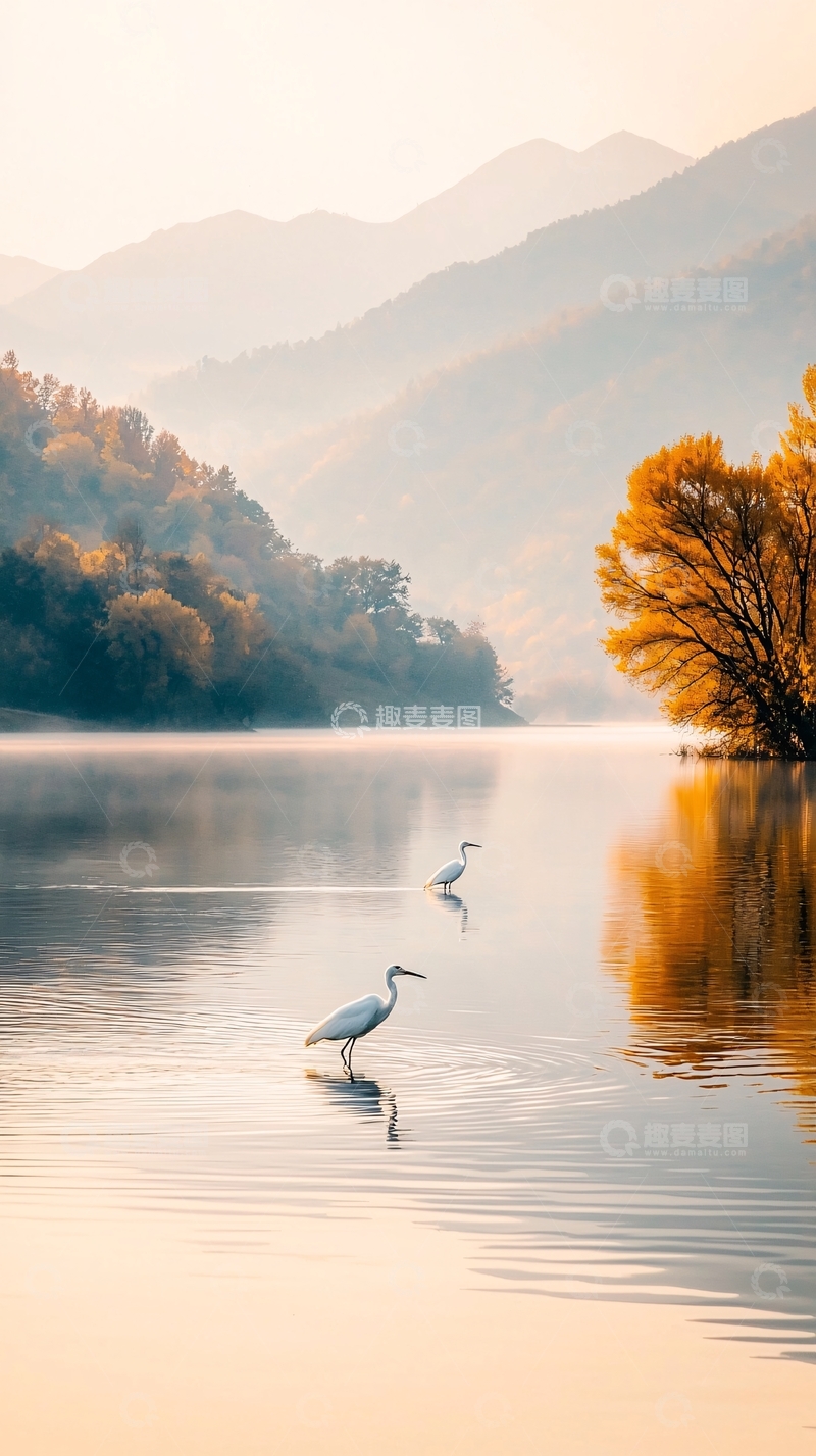 高清大图下载【趣麦麦图】晨雾中的湖畔白鹭