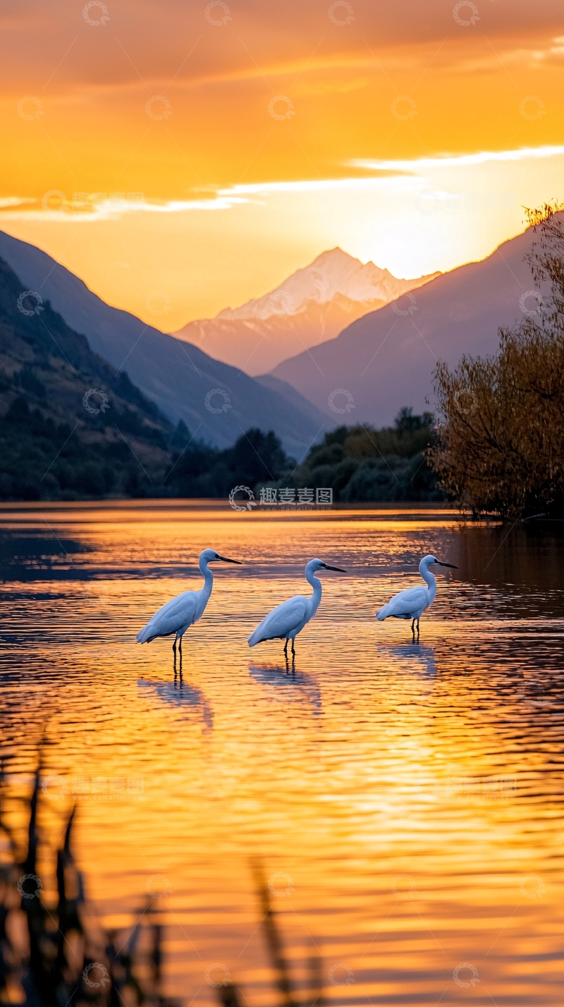 高清大图下载【趣麦麦图】夕阳下的湖畔白鹭