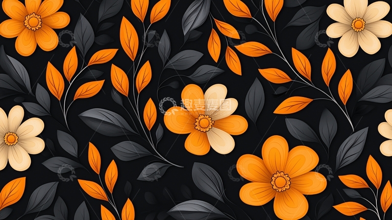 高清大图下载【趣麦麦图】橙色花朵与黑色背景图案