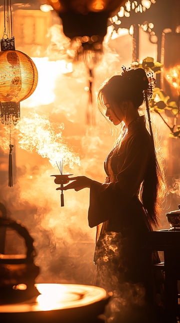 古风女子点燃香炉
