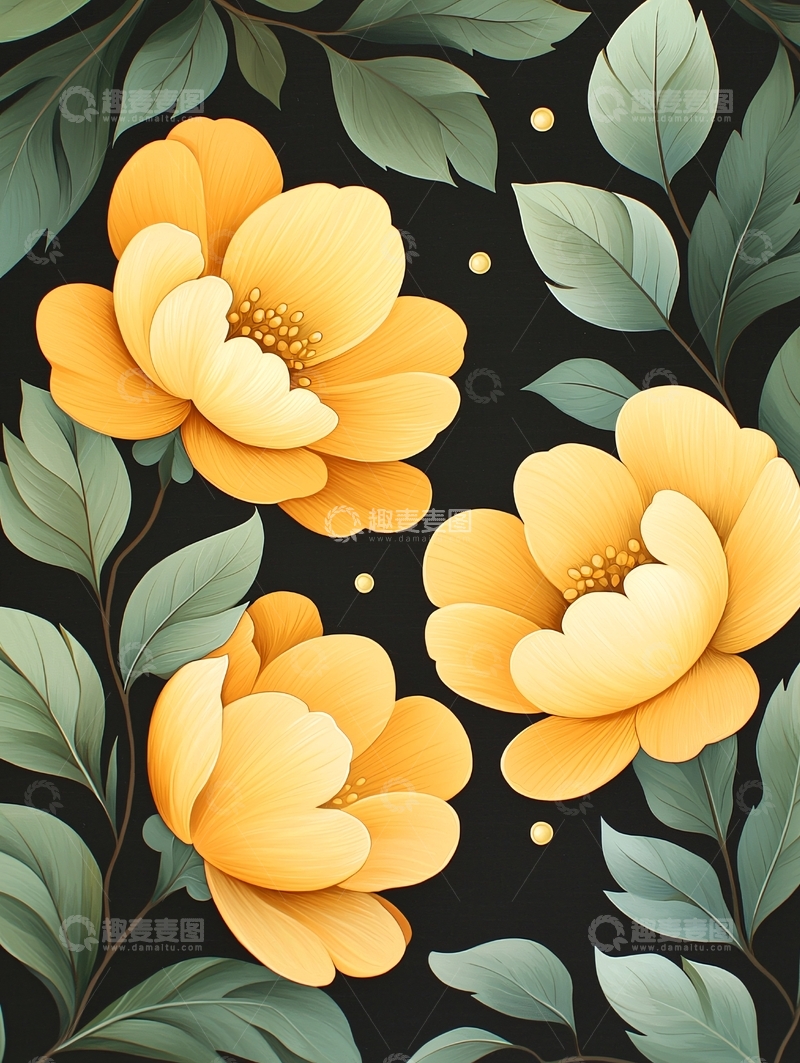 高清大图下载【趣麦麦图】夜色中的黄色花朵与绿叶