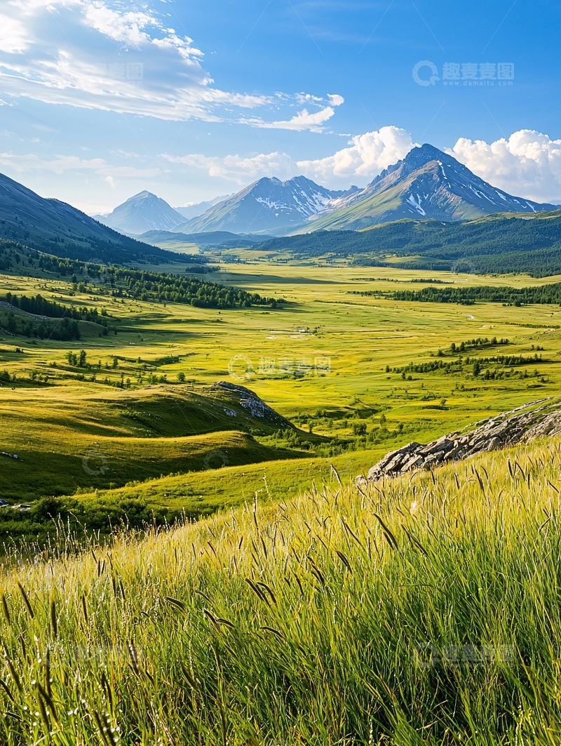 高清大图下载【趣麦麦图】绿色山谷与雪山自然风光
