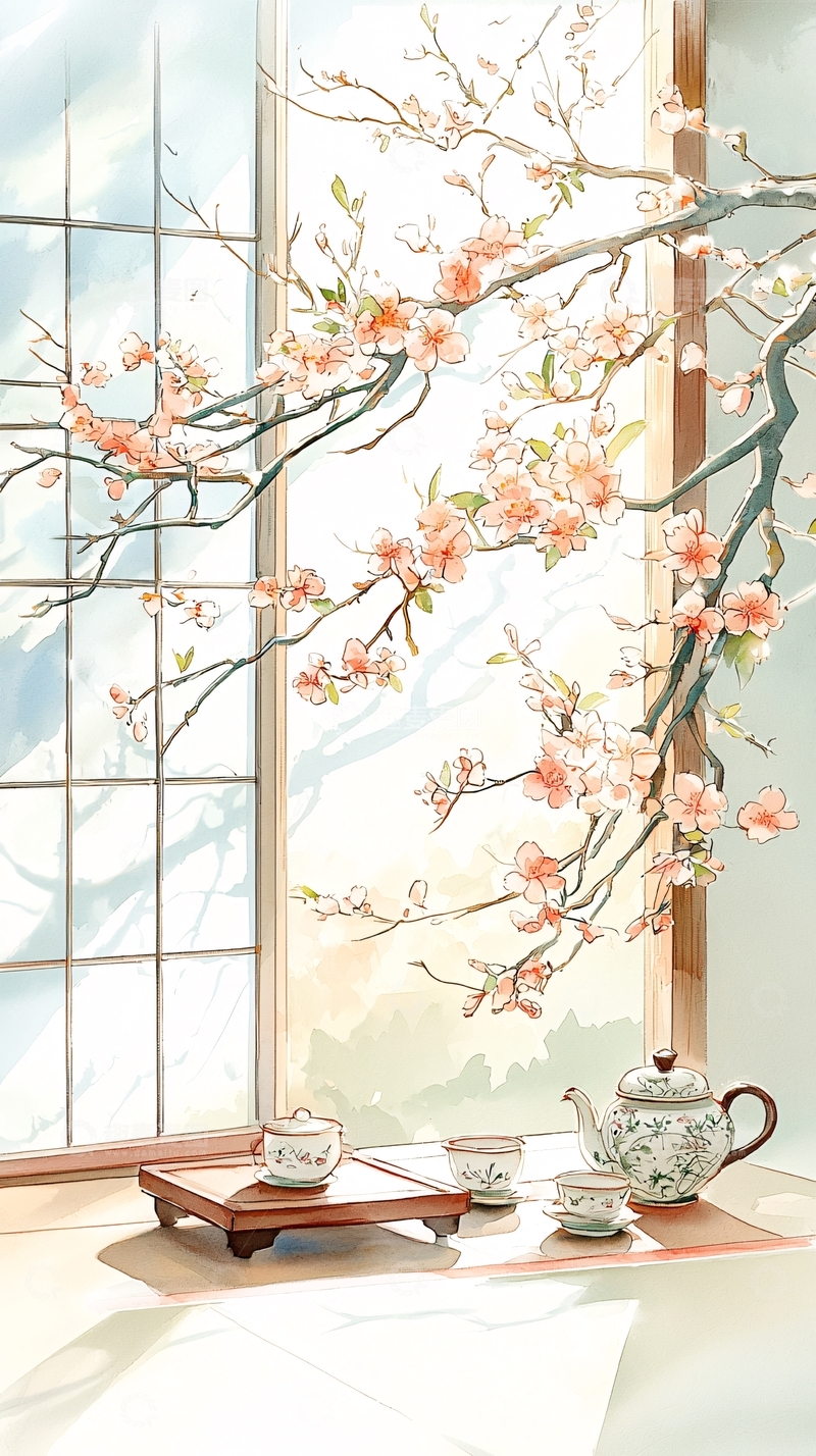高清大图下载【趣麦麦图】春日茶室樱花窗景