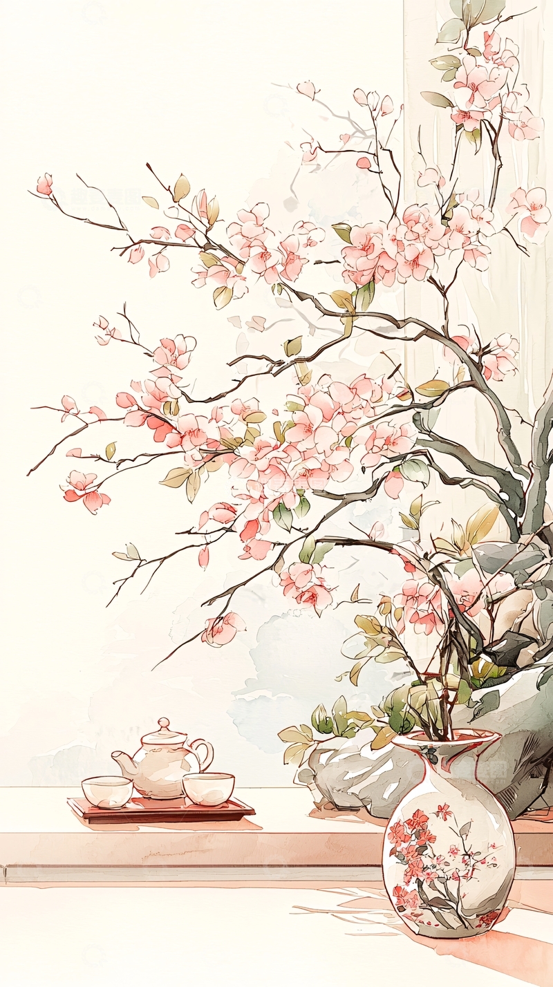 高清大图下载【趣麦麦图】春日茶香与花枝