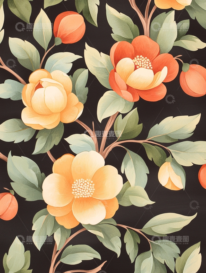 高清大图下载【趣麦麦图】橙色花卉与果实图案背景