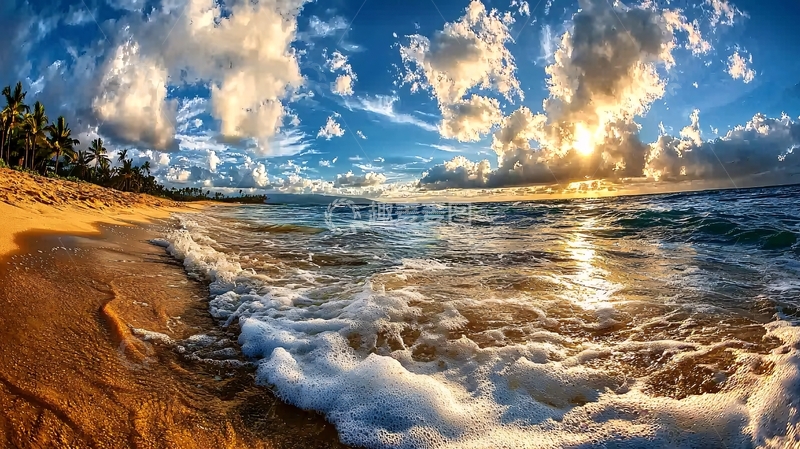 高清大图下载【趣麦麦图】海滩日落海浪沙滩风景