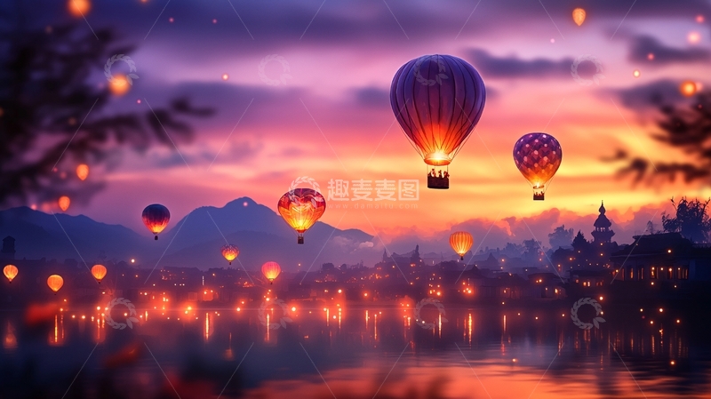 高清大图下载【趣麦麦图】热气球夜景湖边城市