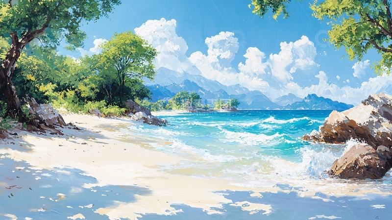 高清大图下载【趣麦麦图】海滩上的绿树和岩石