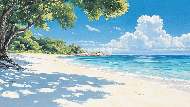 高清大图下载【趣麦麦图】海滩上的树和蓝天白云
