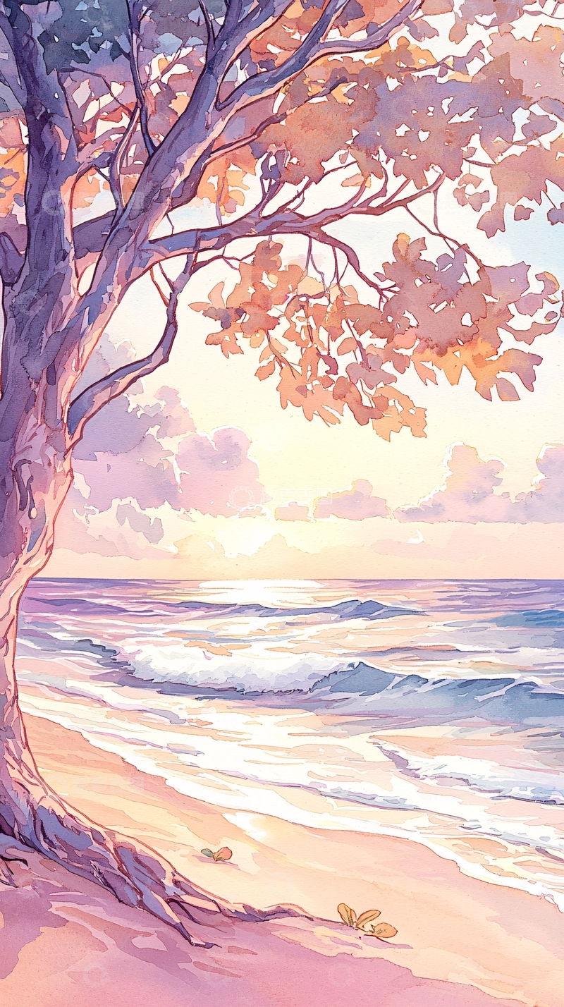 高清大图下载【趣麦麦图】海边夕阳下的树