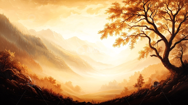 高清大图下载【趣麦麦图】秋日山谷晨雾图