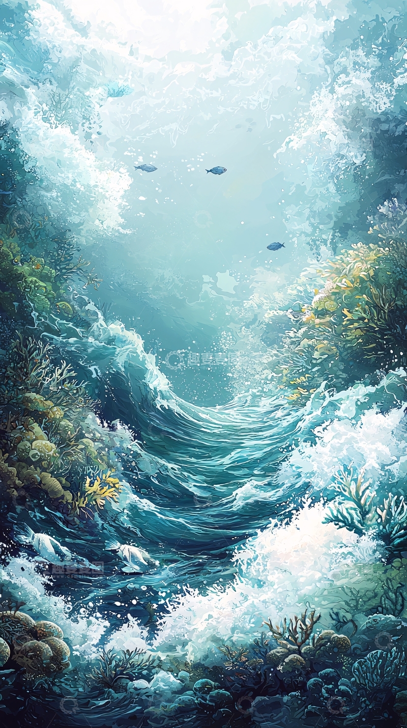 高清大图下载【趣麦麦图】海底珊瑚礁与波浪