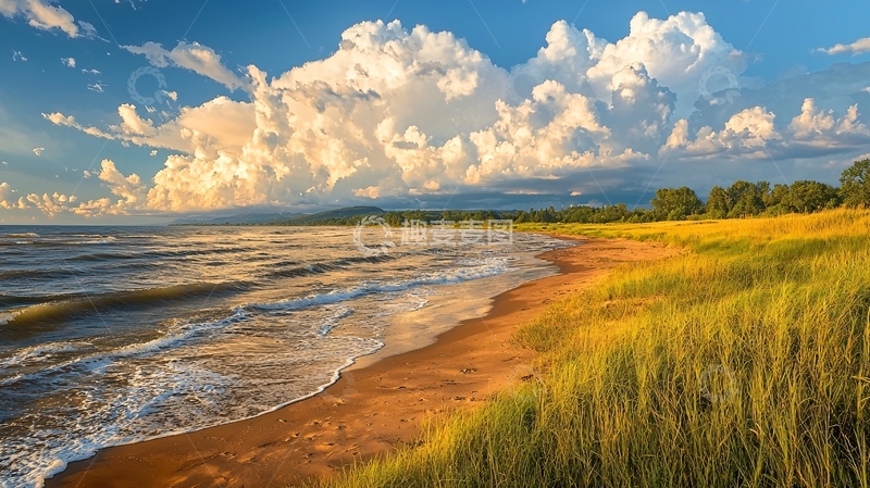 高清大图下载【趣麦麦图】夕阳下的海滩与草地