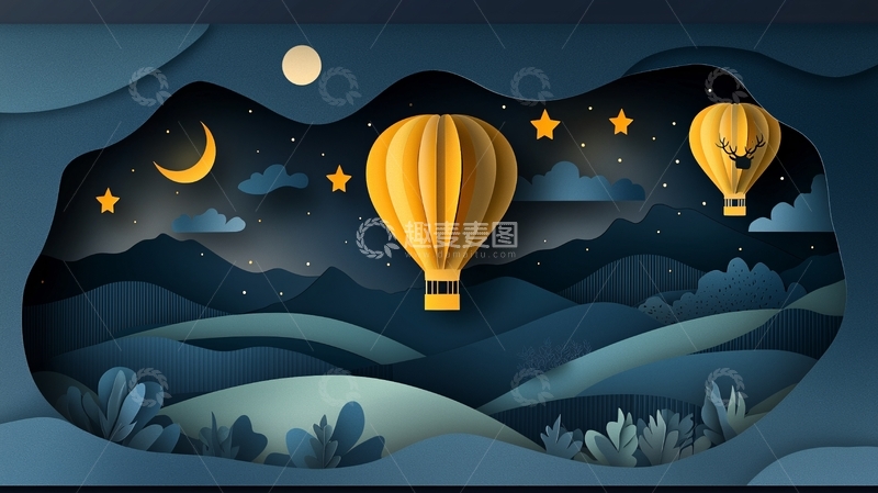 高清大图下载【趣麦麦图】夜空中的热气球与星星